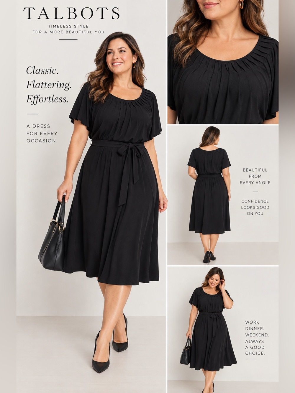 Talbots Black Pleated Scoop-Neck Self-Tie Midi Dress NWT